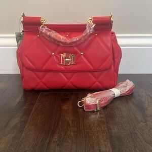 NWT Badgley Mischka Red Faux Leather Big Diamond Quilted Top Handle Shoulder Bag